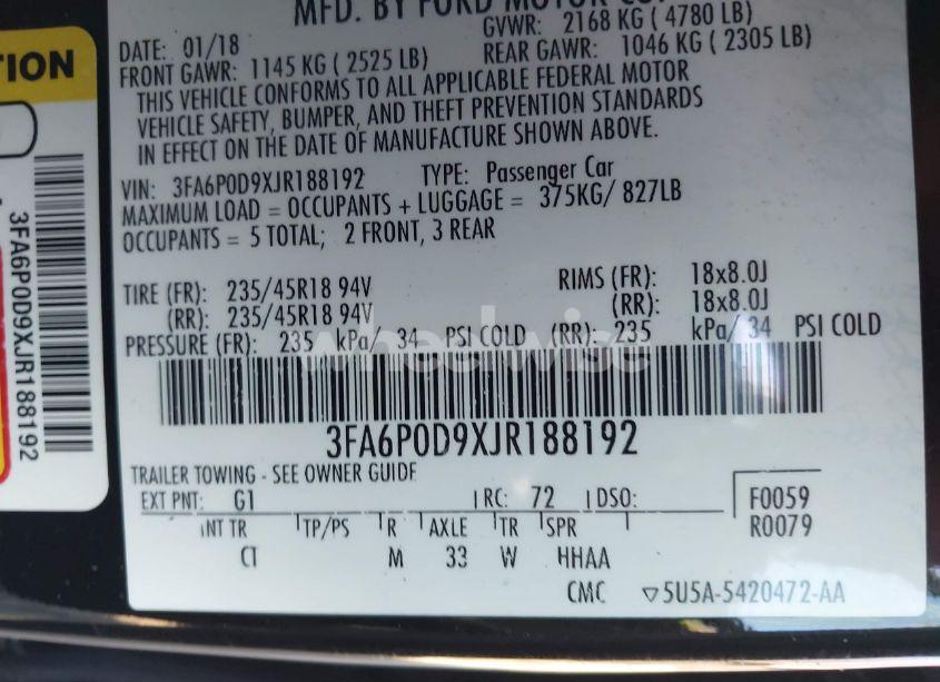 Photo 9 of 2018 Ford Fusion TITANIUM (VIN 3FA6P0D9XJR188192)