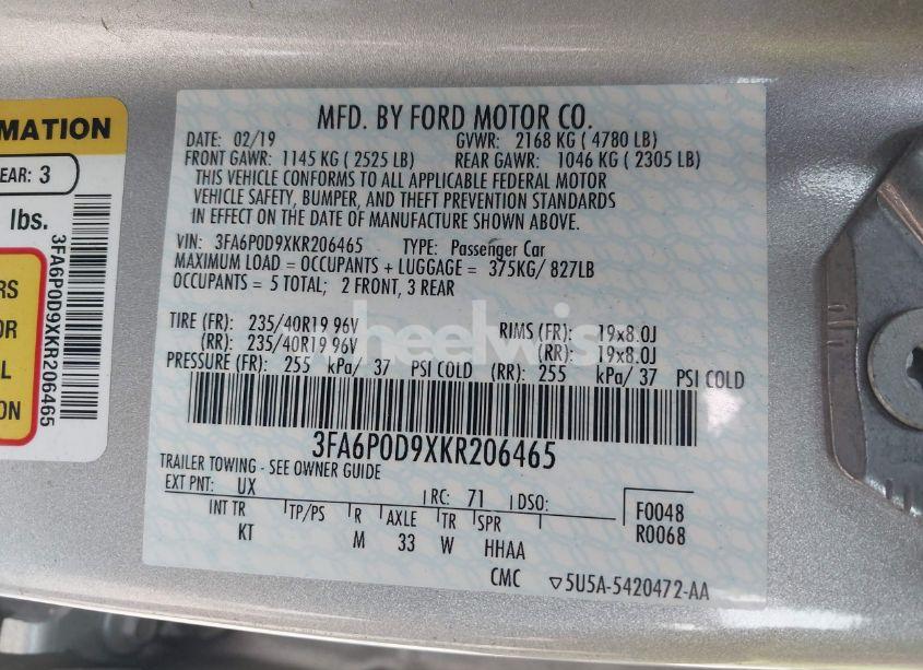 Photo 9 of 2019 Ford Fusion TITANIUM (VIN 3FA6P0D9XKR206465)