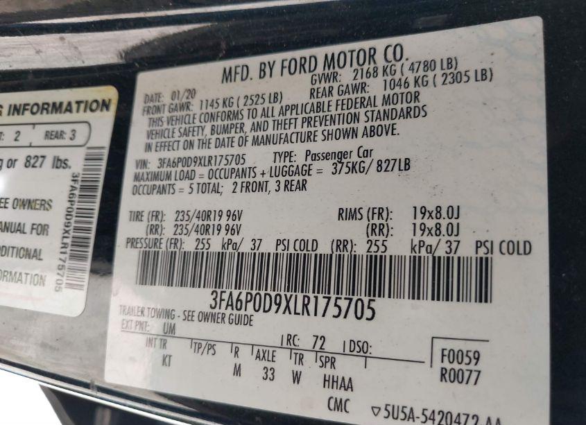 Photo 9 of 2020 Ford Fusion TITANIUM (VIN 3FA6P0D9XLR175705)