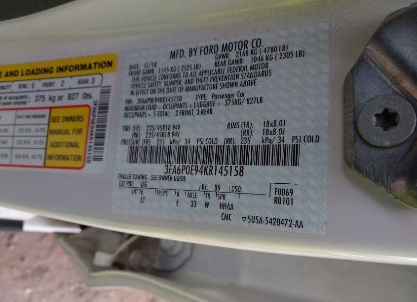 Photo 9 of 2019 Ford Fusion SEL (VIN 3FA6P0E94KR145158)