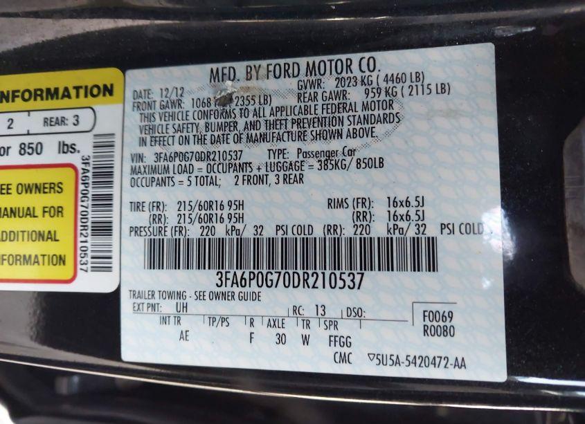 Photo 9 of 2013 Ford Fusion S (VIN 3FA6P0G70DR210537)