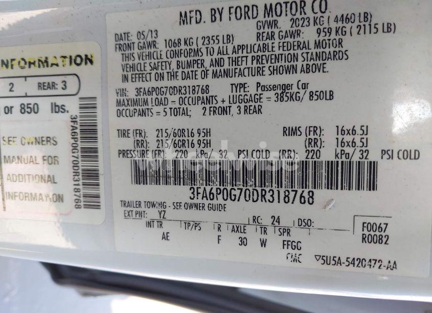Photo 9 of 2013 Ford Fusion S (VIN 3FA6P0G70DR318768)