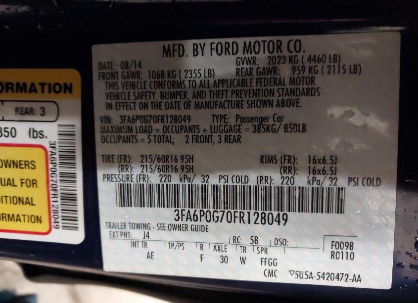 Photo 9 of 2015 Ford Fusion S (VIN 3FA6P0G70FR128049)