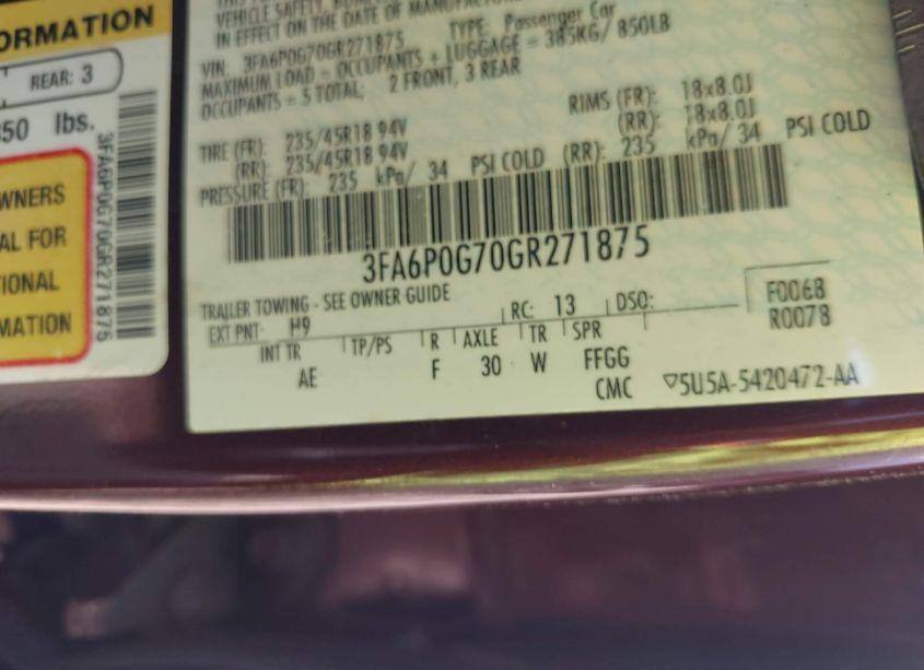 Photo 9 of 2016 Ford Fusion S (VIN 3FA6P0G70GR271875)