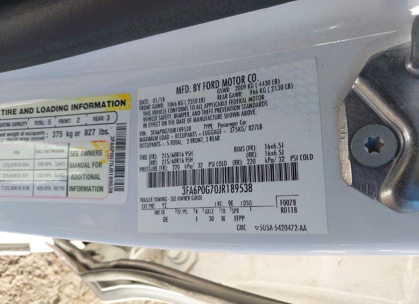 Photo 9 of 2018 Ford Fusion S (VIN 3FA6P0G70JR189538)