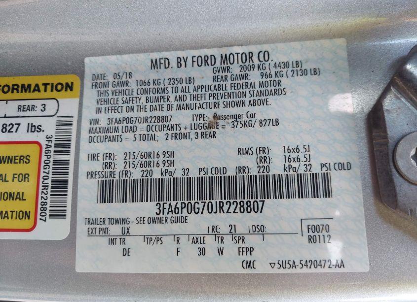 Photo 9 of 2018 Ford Fusion S (VIN 3FA6P0G70JR228807)