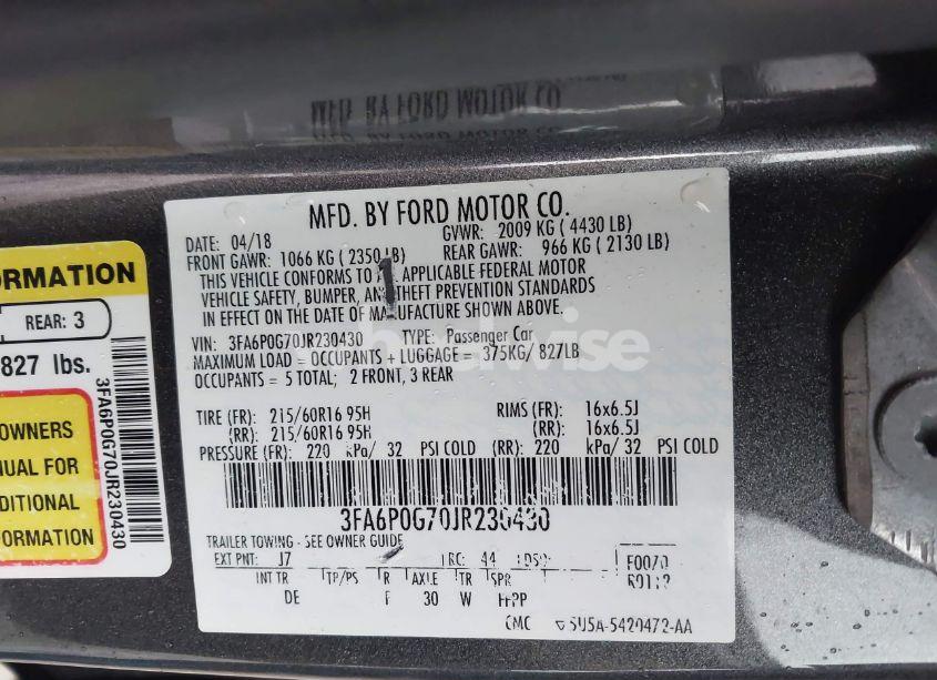 Photo 9 of 2018 Ford Fusion S (VIN 3FA6P0G70JR230430)