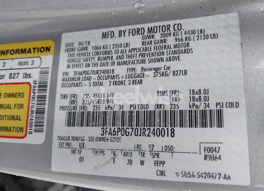 Photo 9 of 2018 Ford Fusion S (VIN 3FA6P0G70JR240018)