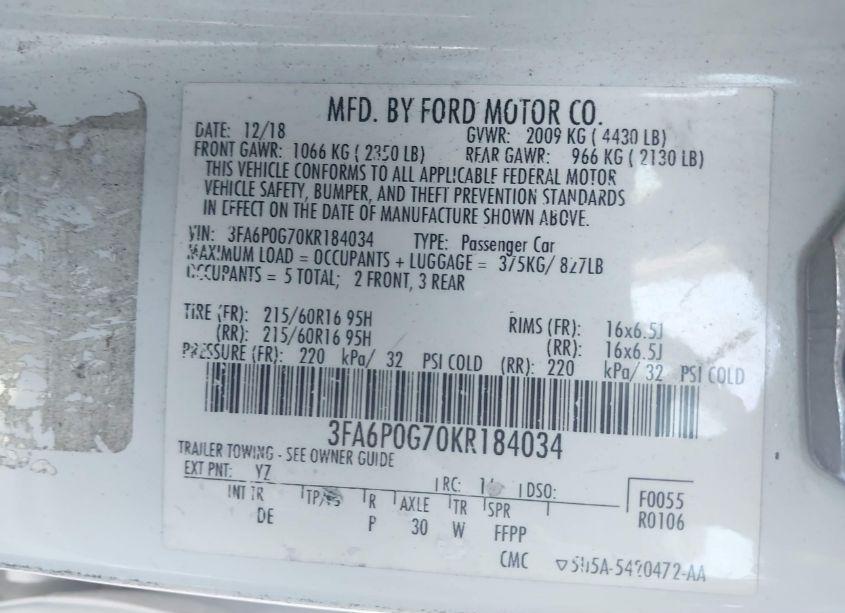 Photo 9 of 2019 Ford Fusion S (VIN 3FA6P0G70KR184034)