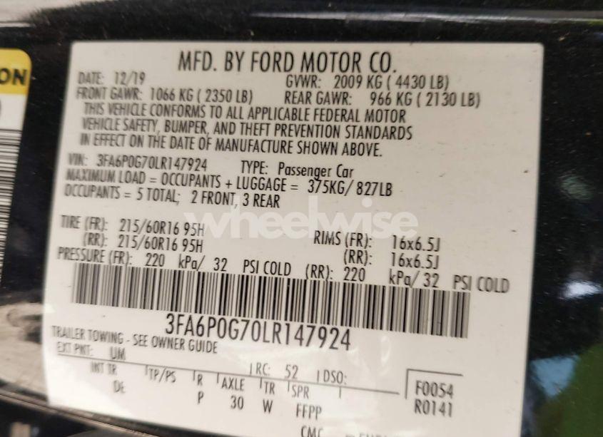 Photo 11 of 2020 Ford Fusion S (VIN 3FA6P0G70LR147924)