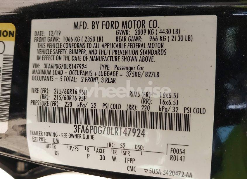 Photo 9 of 2020 Ford Fusion S (VIN 3FA6P0G70LR147924)