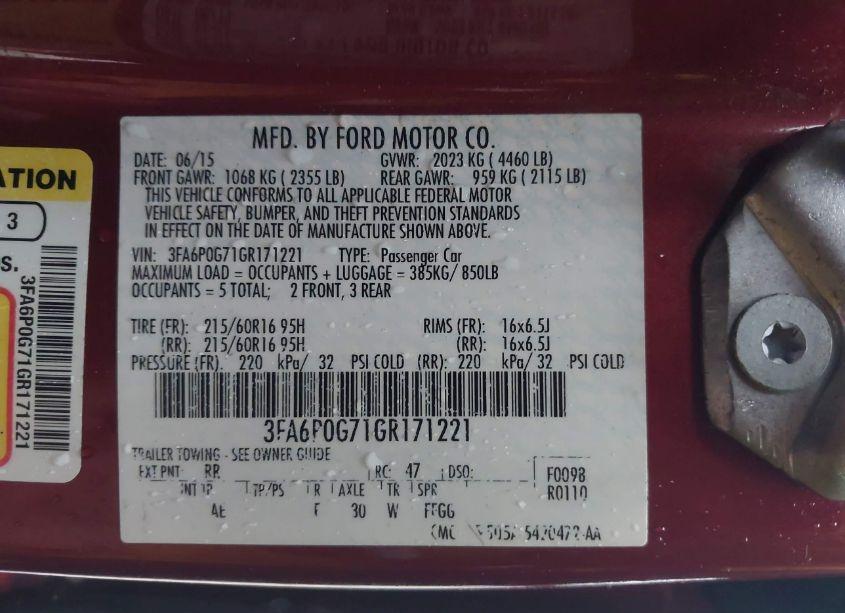 Photo 9 of 2016 Ford Fusion S (VIN 3FA6P0G71GR171221)