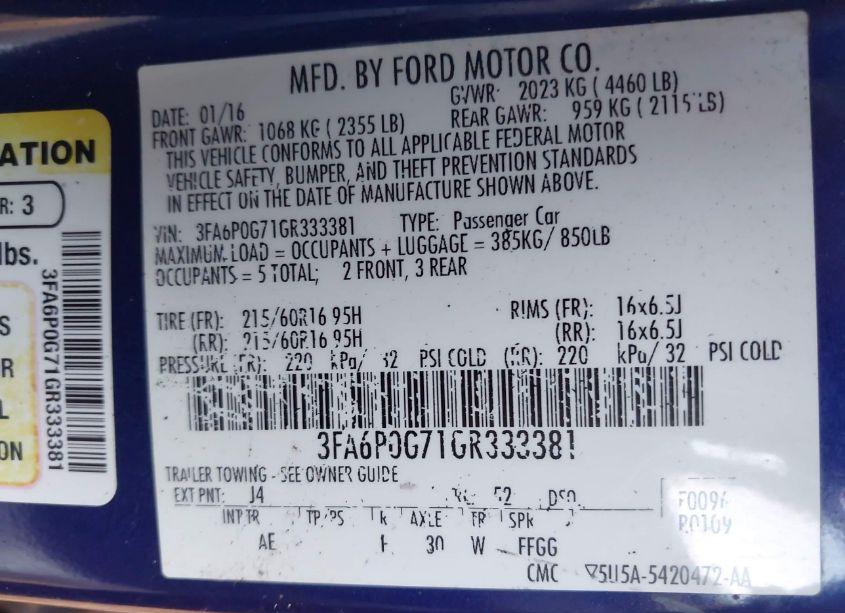 Photo 9 of 2016 Ford Fusion S (VIN 3FA6P0G71GR333381)