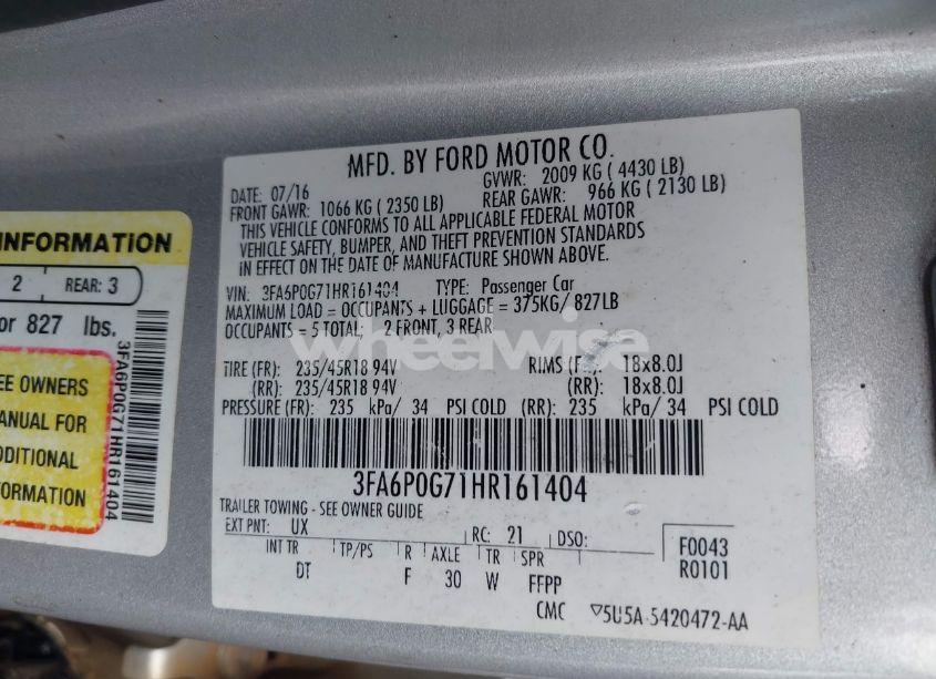 Photo 9 of 2017 Ford Fusion S (VIN 3FA6P0G71HR161404)