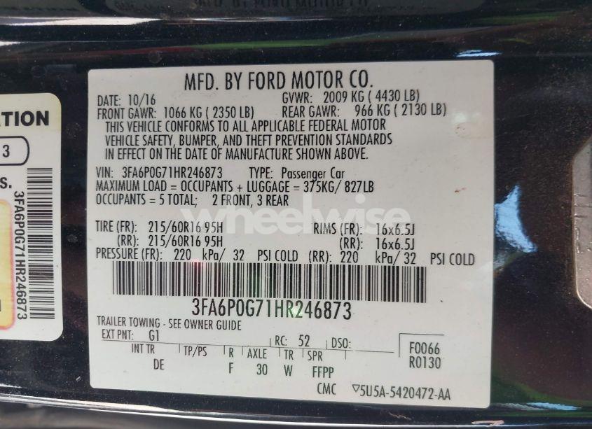 Photo 9 of 2017 Ford Fusion S (VIN 3FA6P0G71HR246873)