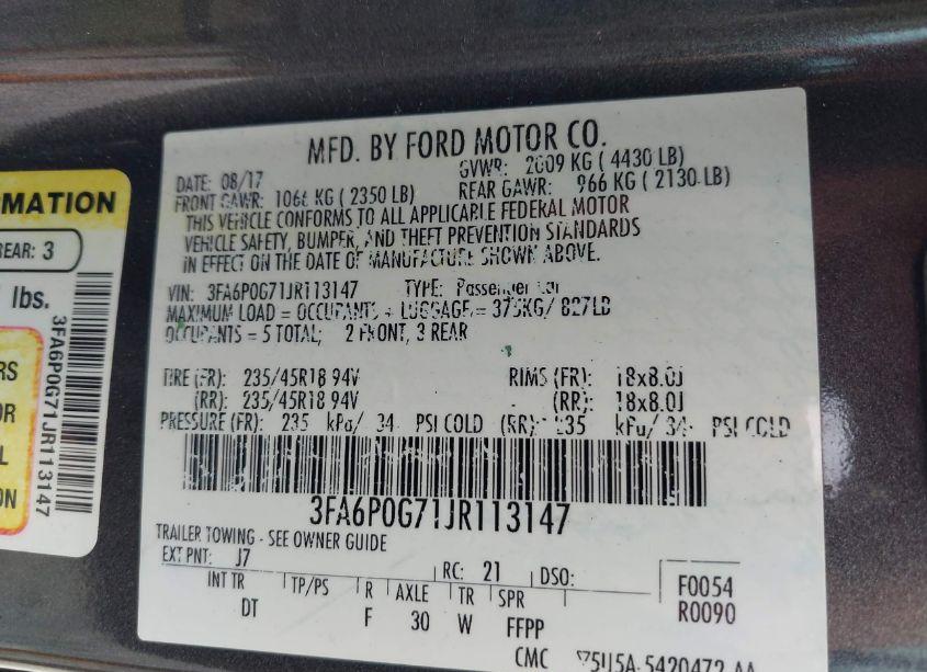 Photo 9 of 2018 Ford Fusion S (VIN 3FA6P0G71JR113147)