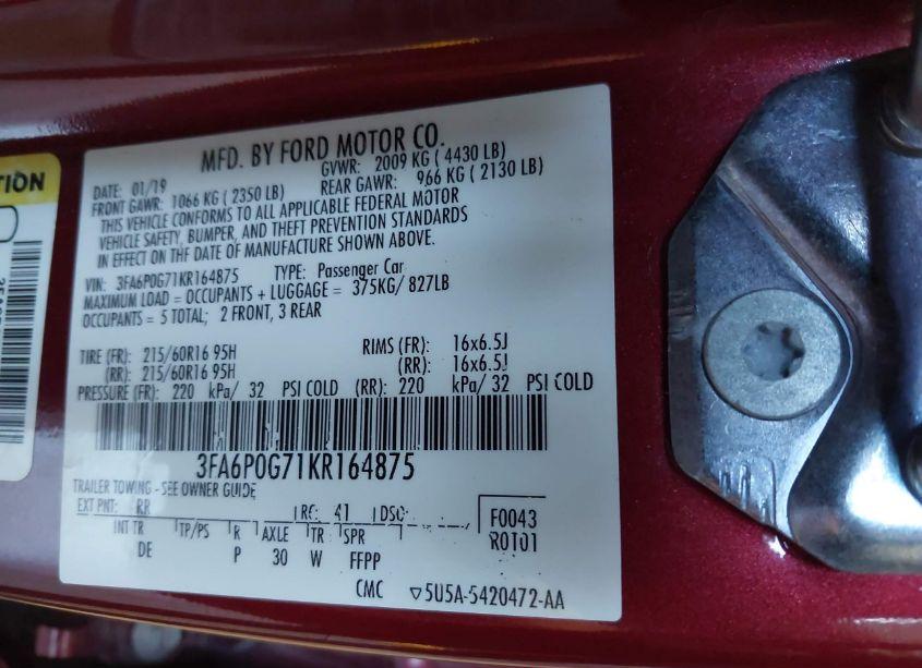 Photo 9 of 2019 Ford Fusion S (VIN 3FA6P0G71KR164875)