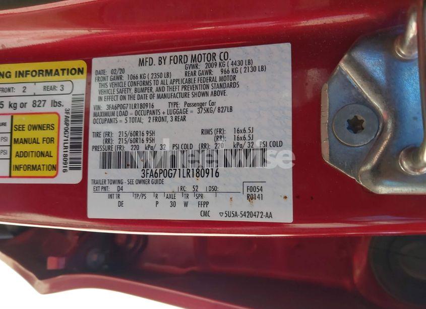 Photo 9 of 2020 Ford Fusion S (VIN 3FA6P0G71LR180916)