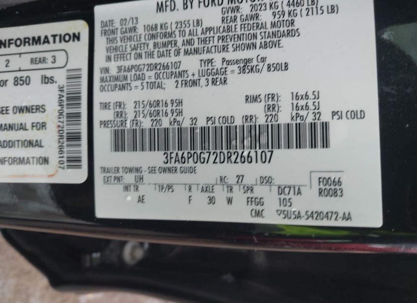 Photo 9 of 2013 Ford Fusion S (VIN 3FA6P0G72DR266107)