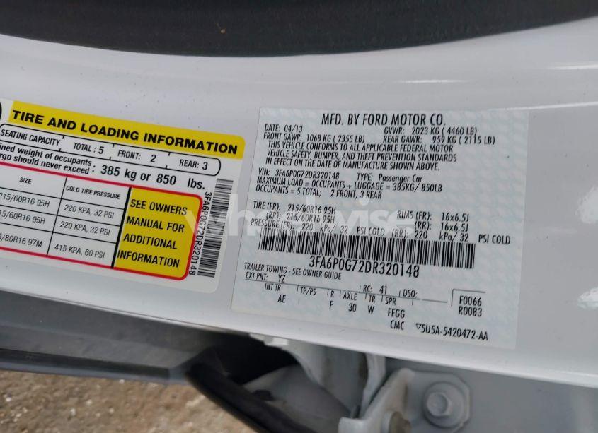 Photo 9 of 2013 Ford Fusion S (VIN 3FA6P0G72DR320148)