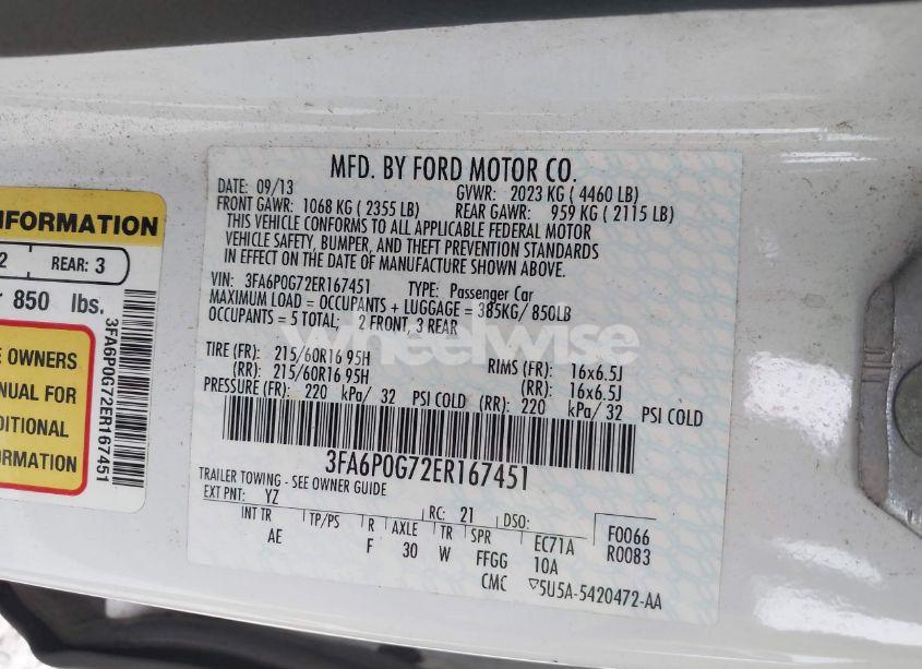 Photo 9 of 2014 Ford Fusion S (VIN 3FA6P0G72ER167451)