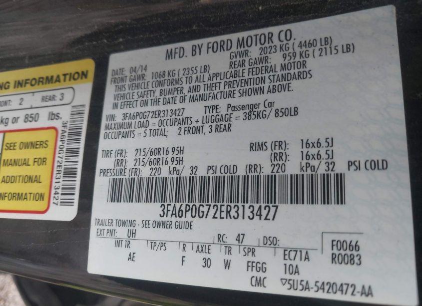 Photo 9 of 2014 Ford Fusion S (VIN 3FA6P0G72ER313427)