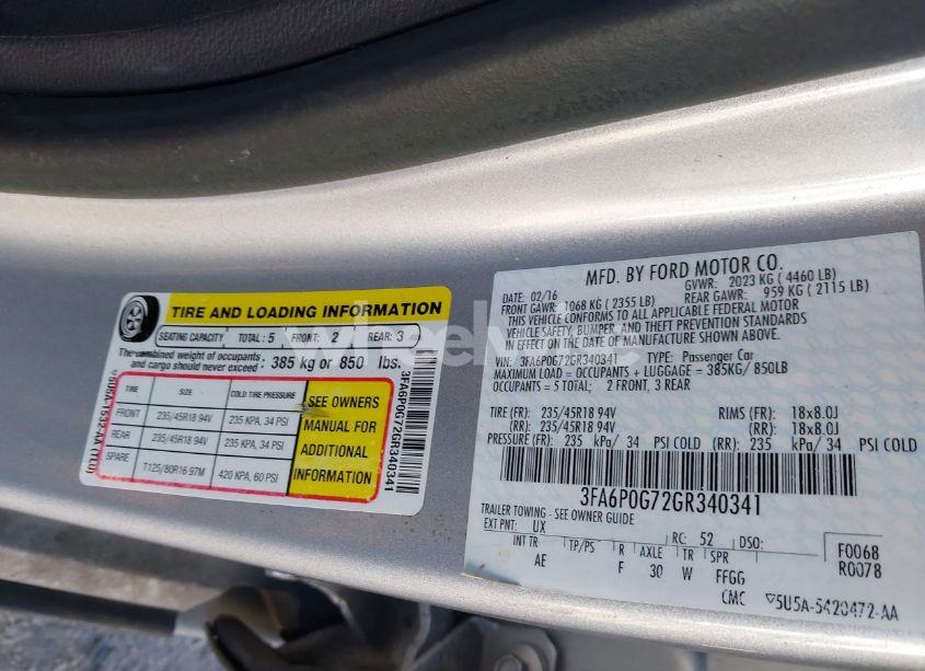 Photo 9 of 2016 Ford Fusion S (VIN 3FA6P0G72GR340341)