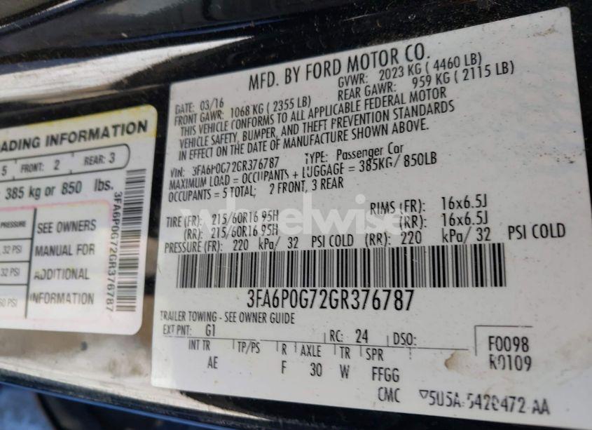 Photo 9 of 2016 Ford Fusion S (VIN 3FA6P0G72GR376787)