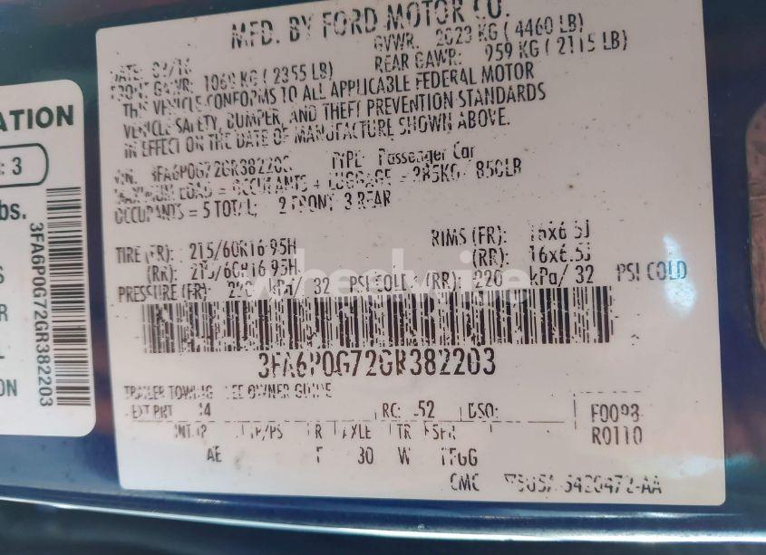 Photo 9 of 2016 Ford Fusion S (VIN 3FA6P0G72GR382203)