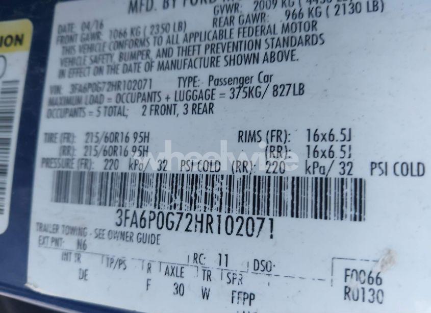 Photo 9 of 2017 Ford Fusion S (VIN 3FA6P0G72HR102071)