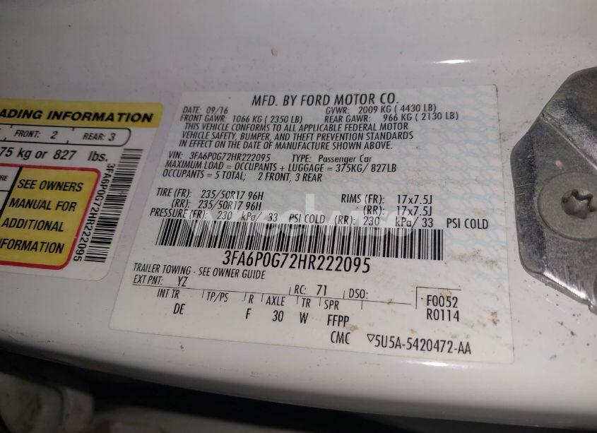 Photo 9 of 2017 Ford Fusion S (VIN 3FA6P0G72HR222095)