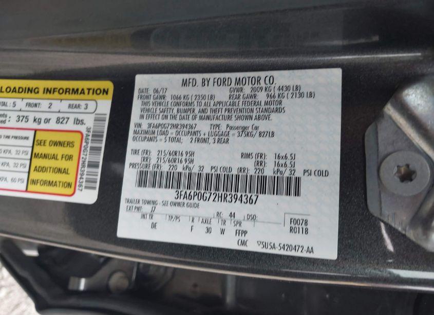 Photo 9 of 2017 Ford Fusion S (VIN 3FA6P0G72HR394367)