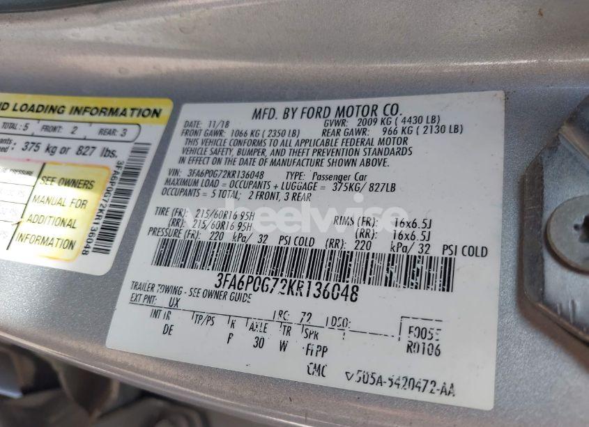 Photo 9 of 2019 Ford Fusion S (VIN 3FA6P0G72KR136048)