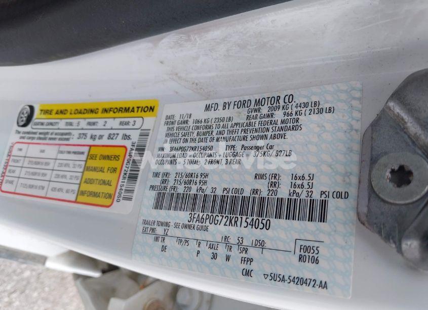 Photo 9 of 2019 Ford Fusion S (VIN 3FA6P0G72KR154050)