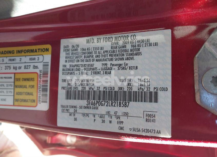 Photo 9 of 2020 Ford Fusion S (VIN 3FA6P0G72LR218587)