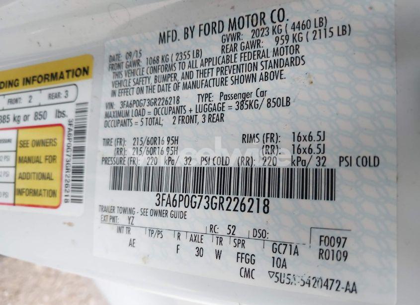 Photo 9 of 2016 Ford Fusion S (VIN 3FA6P0G73GR226218)