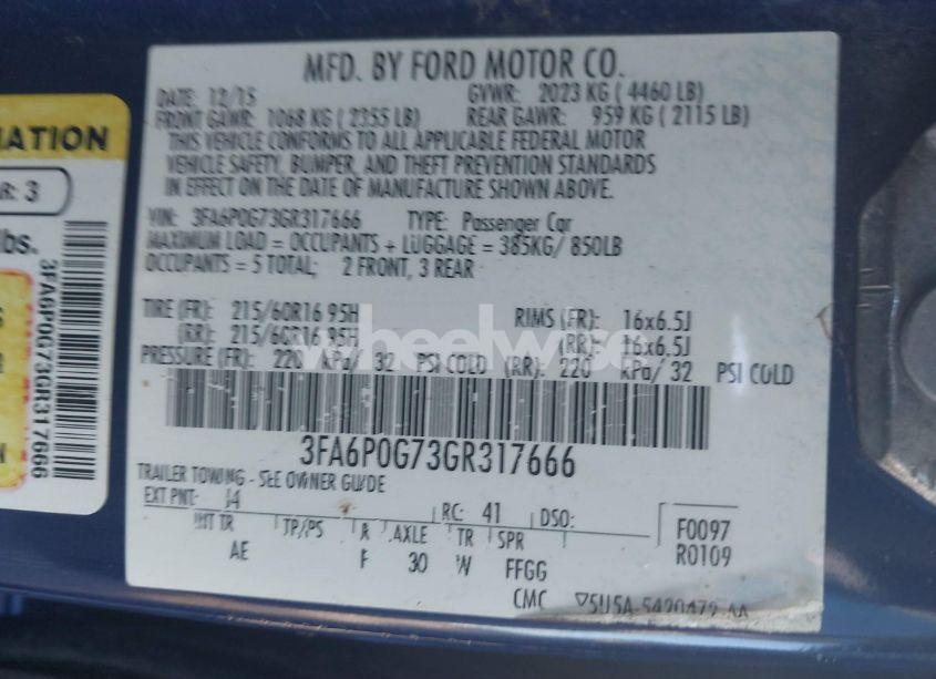 Photo 9 of 2016 Ford Fusion S (VIN 3FA6P0G73GR317666)
