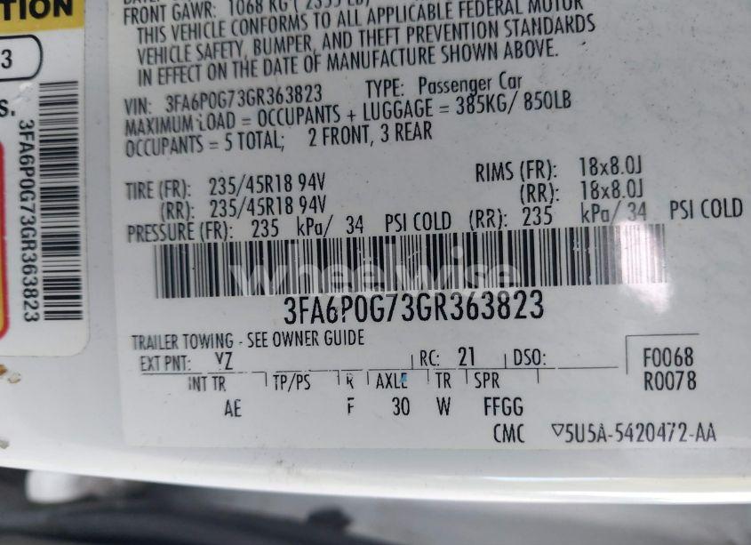 Photo 9 of 2016 Ford Fusion S (VIN 3FA6P0G73GR363823)