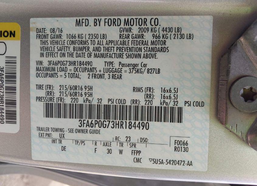 Photo 9 of 2017 Ford Fusion S (VIN 3FA6P0G73HR184490)