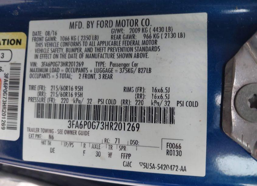 Photo 8 of 2017 Ford Fusion S (VIN 3FA6P0G73HR201269)