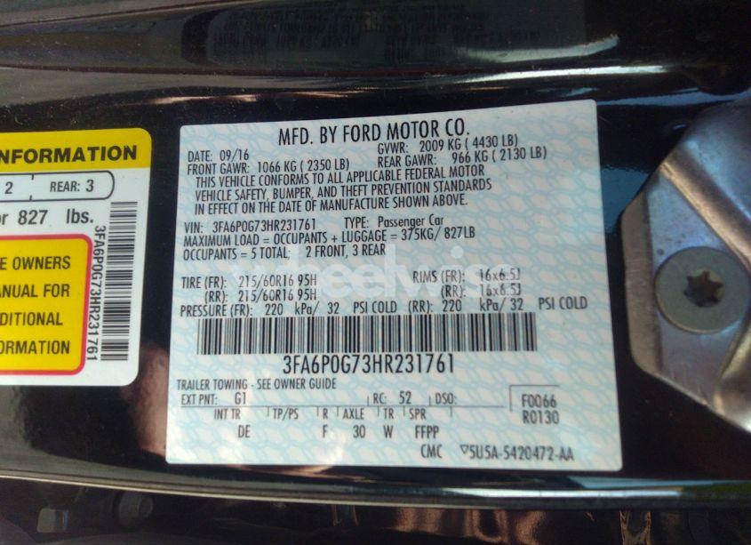 Photo 9 of 2017 Ford Fusion S (VIN 3FA6P0G73HR231761)