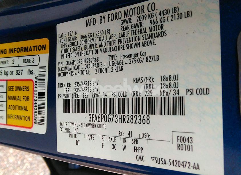 Photo 9 of 2017 Ford Fusion S (VIN 3FA6P0G73HR282368)