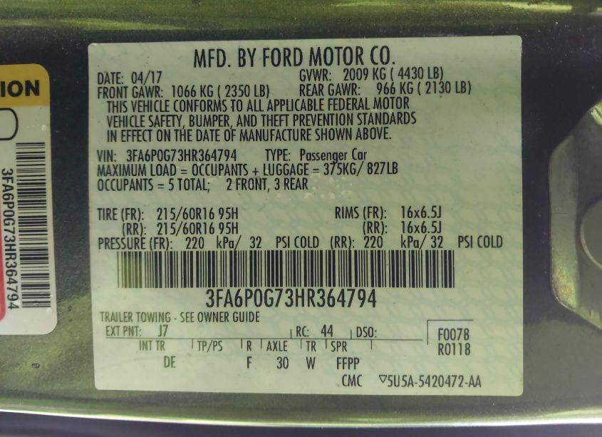 Photo 9 of 2017 Ford Fusion S (VIN 3FA6P0G73HR364794)