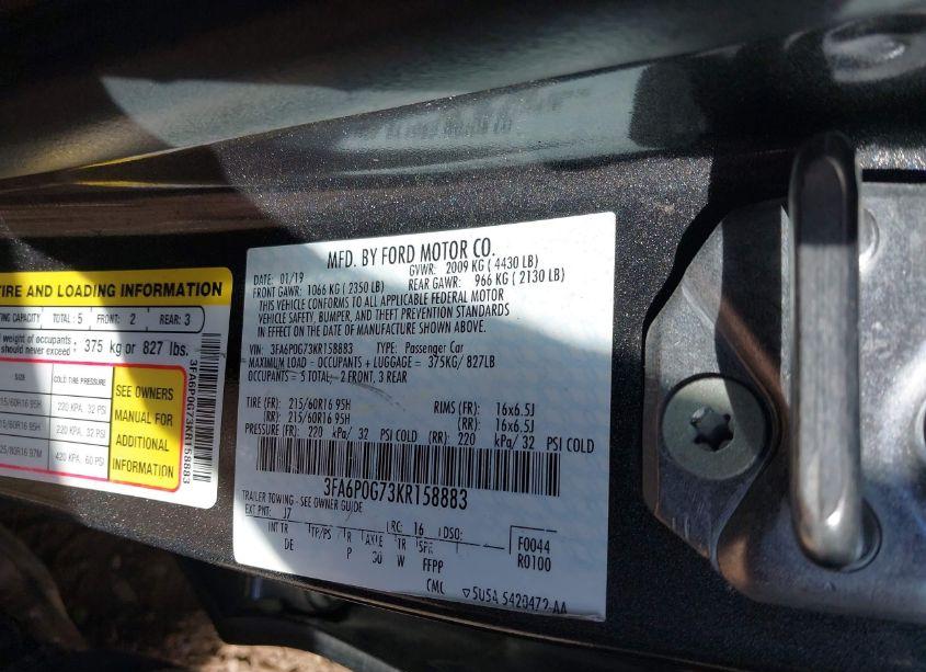 Photo 9 of 2019 Ford Fusion S (VIN 3FA6P0G73KR158883)