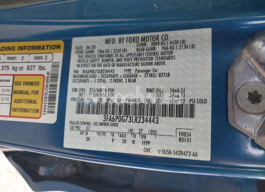 Photo 9 of 2020 Ford Fusion S (VIN 3FA6P0G73LR234443)