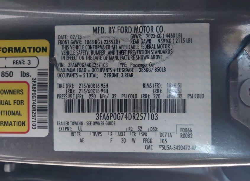 Photo 9 of 2013 Ford Fusion S (VIN 3FA6P0G74DR257103)