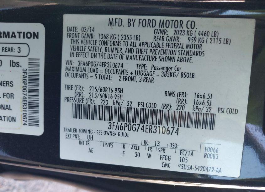 Photo 9 of 2014 Ford Fusion S (VIN 3FA6P0G74ER310674)