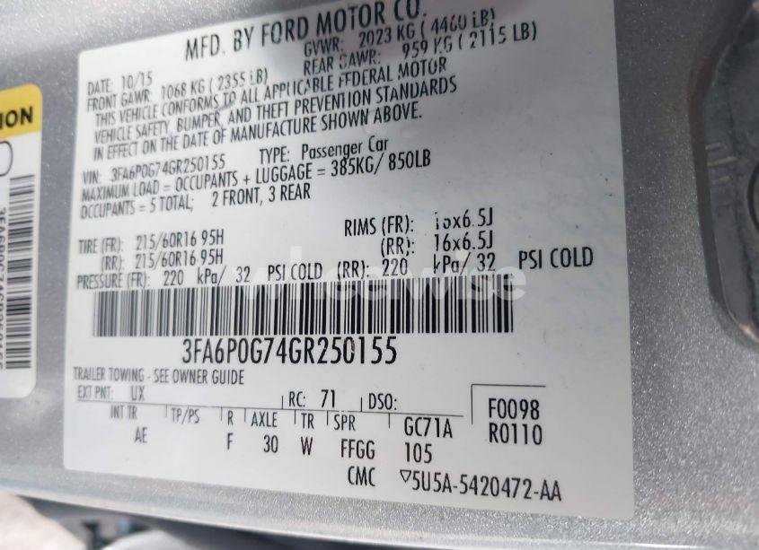 Photo 9 of 2016 Ford Fusion S (VIN 3FA6P0G74GR250155)