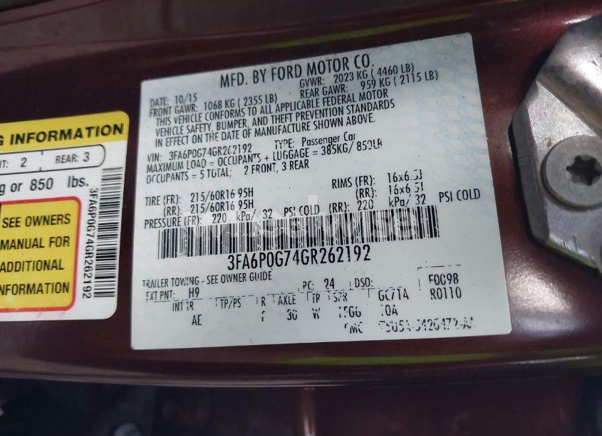 Photo 9 of 2016 Ford Fusion S (VIN 3FA6P0G74GR262192)