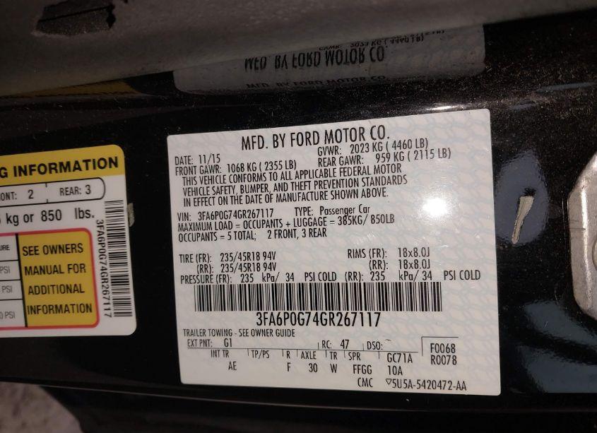 Photo 9 of 2016 Ford Fusion S (VIN 3FA6P0G74GR267117)